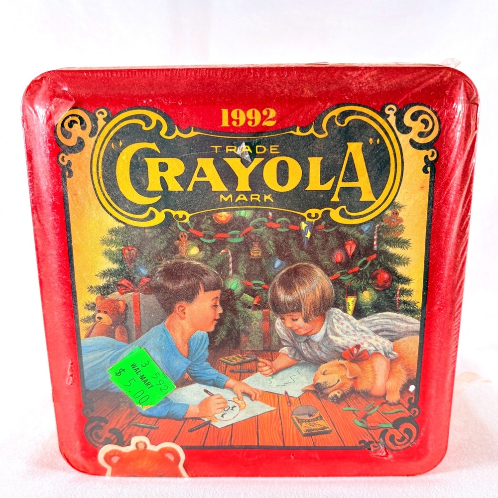 Vtg 1992 Crayola Collectible Holiday Tin Christmas Bear Ornament 64 Crayons USA